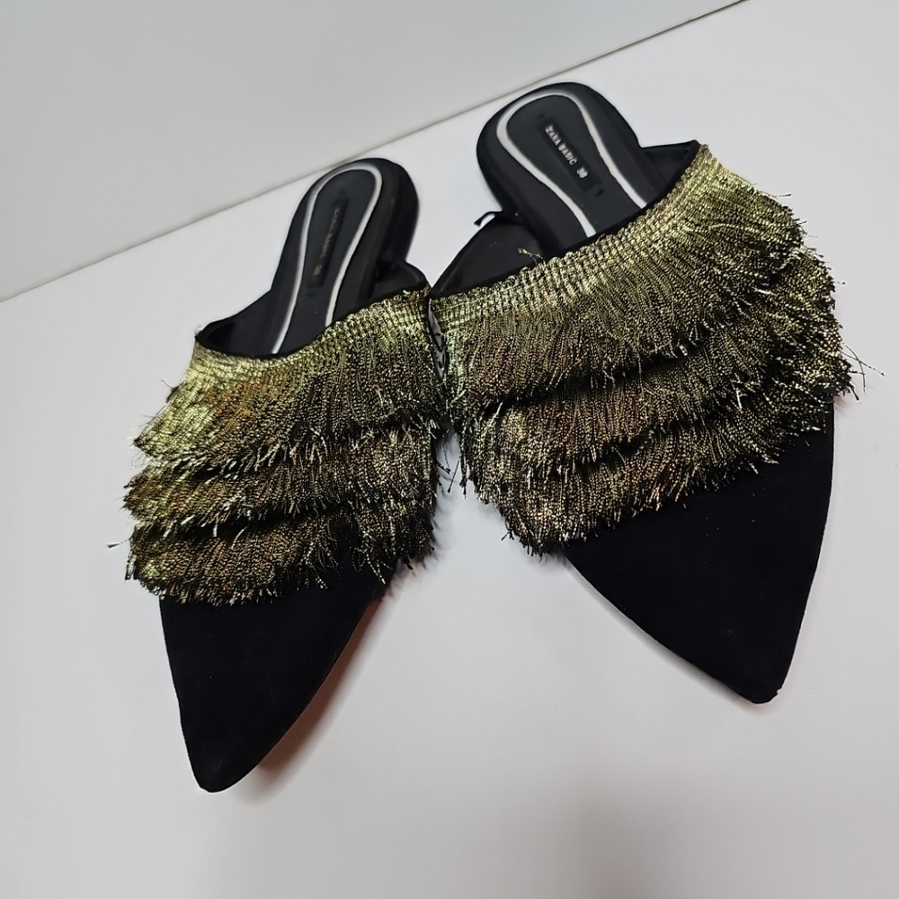 Zara Black Pointed Mules with Metallic Gold Fringe